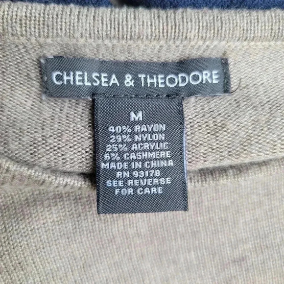 Chelsea & Theodore Womens Asymmetrical Sweater Cashmere Beige Navy Long Sleeve M - Picture 4 of 7